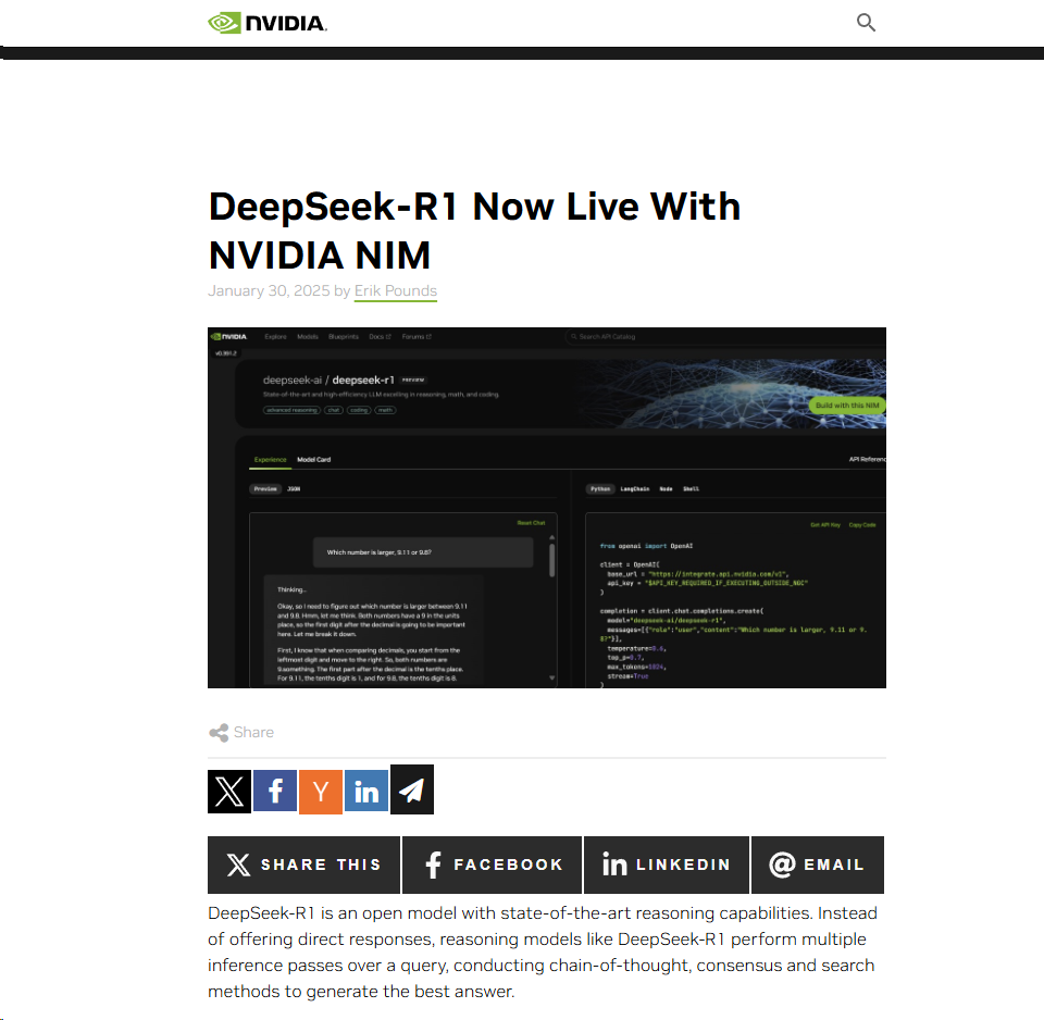 金十数据1月31日讯，据英伟达(nvda.o)网站，deepseek r1 671b已作为英伟达ni